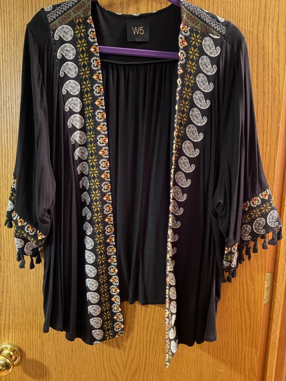 W5 Black Boho Embroidered Open Front Kimono Jacket